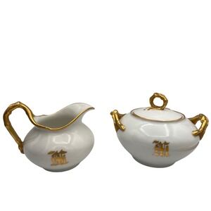 Jean Pouyat Limoges (J.P.L.) Monogrammed Creamer & Sugar Set Twig 24k Handles